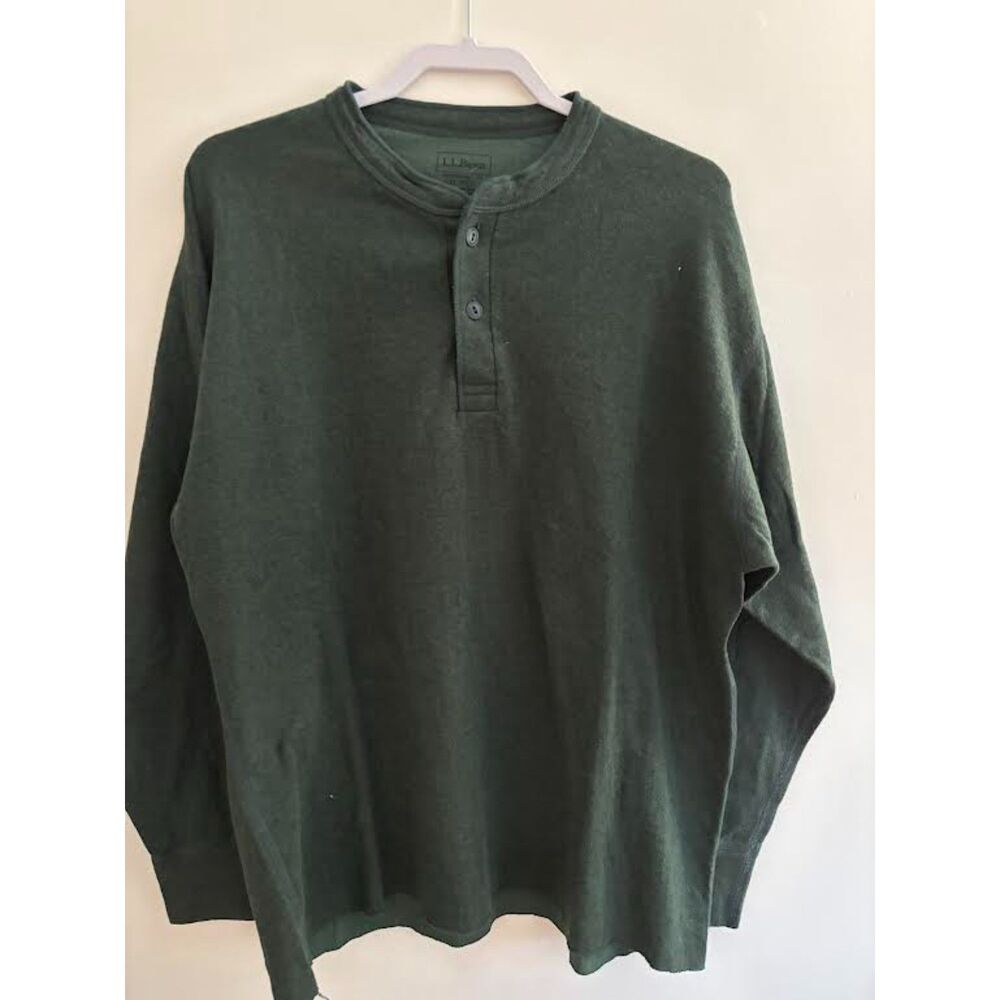 LL Bean dark green two-layer long sleeve henley shirt wool blend XL